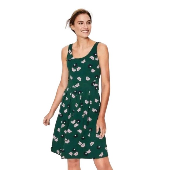 Boden Dresses & Skirts - Boden Joanna Ponte Green Fit & Flare Pink Daisy Sleeveless Pleated Dress Sz 4R
